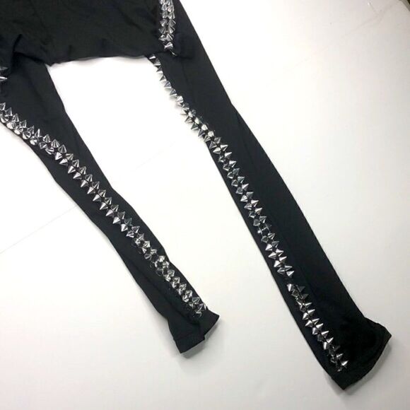 Silver Studded Black Leggings S/M Goth Clubwear Grunge Burlesque - Picture 5 of 11